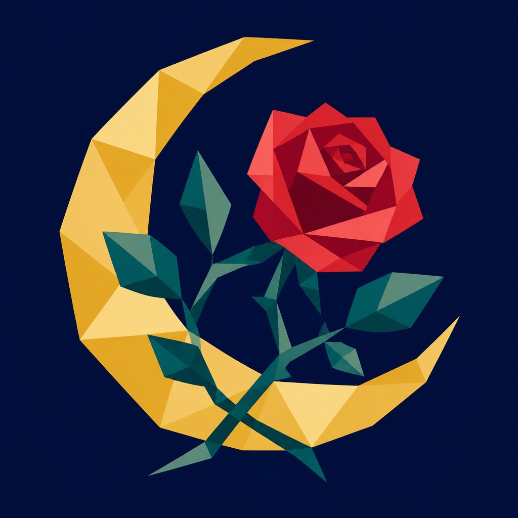 a rose entwined with a crescent moon, clean balanced composition on a plain background, no text