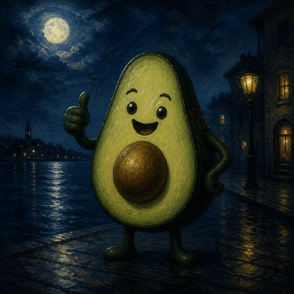 a happy avocado character giving a thumbs up, bold readable design on a plain background, no text