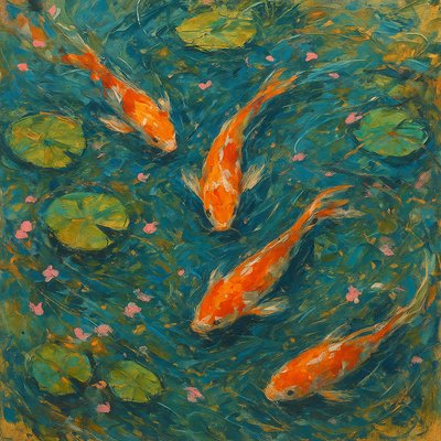 A koi pond seen from above, orange and white koi fish swimming among lily pads, clear water with subtle ripples, fallen cherry blossom petals floating on the surface, dappled sunlight