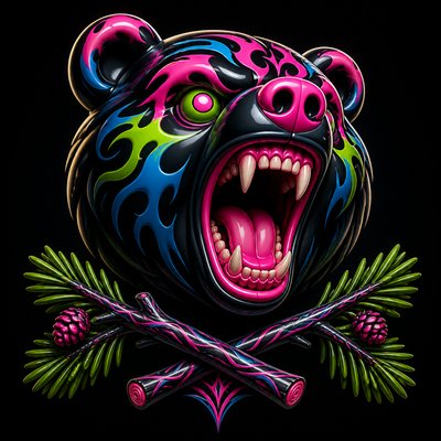 a roaring bear head above crossed pine branches, bold graphic composition on a plain background, no text