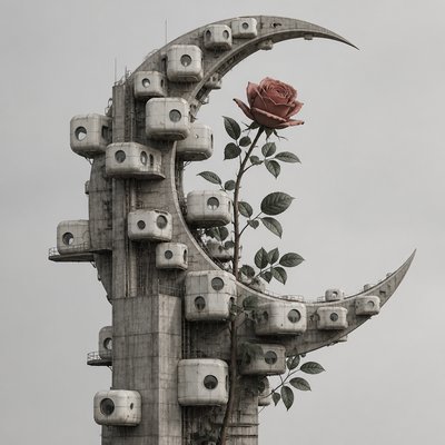 a rose entwined with a crescent moon, clean balanced composition on a plain background, no text