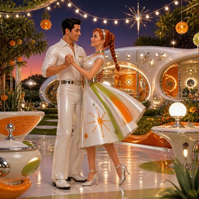 an original couple dancing under string lights in a garden at dusk: a man with short black hair in a linen shirt and a woman with braided red hair in a summer dress