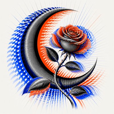a rose entwined with a crescent moon, clean balanced composition on a plain background, no text