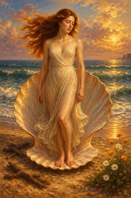 a painting of a woman in a white dress on a beach