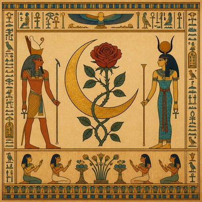 a rose entwined with a crescent moon, clean balanced composition on a plain background, no text