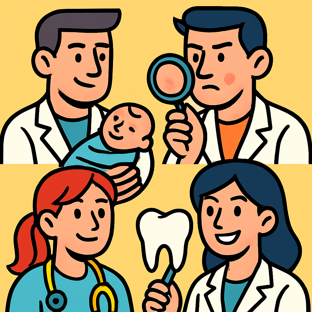 Generate obstetricus man, dermatologist, pediatrist girl, and dentistry girl in one abstract image
