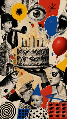 a birthday cake with lit candles surrounded by balloons and confetti, festive vertical composition, no text