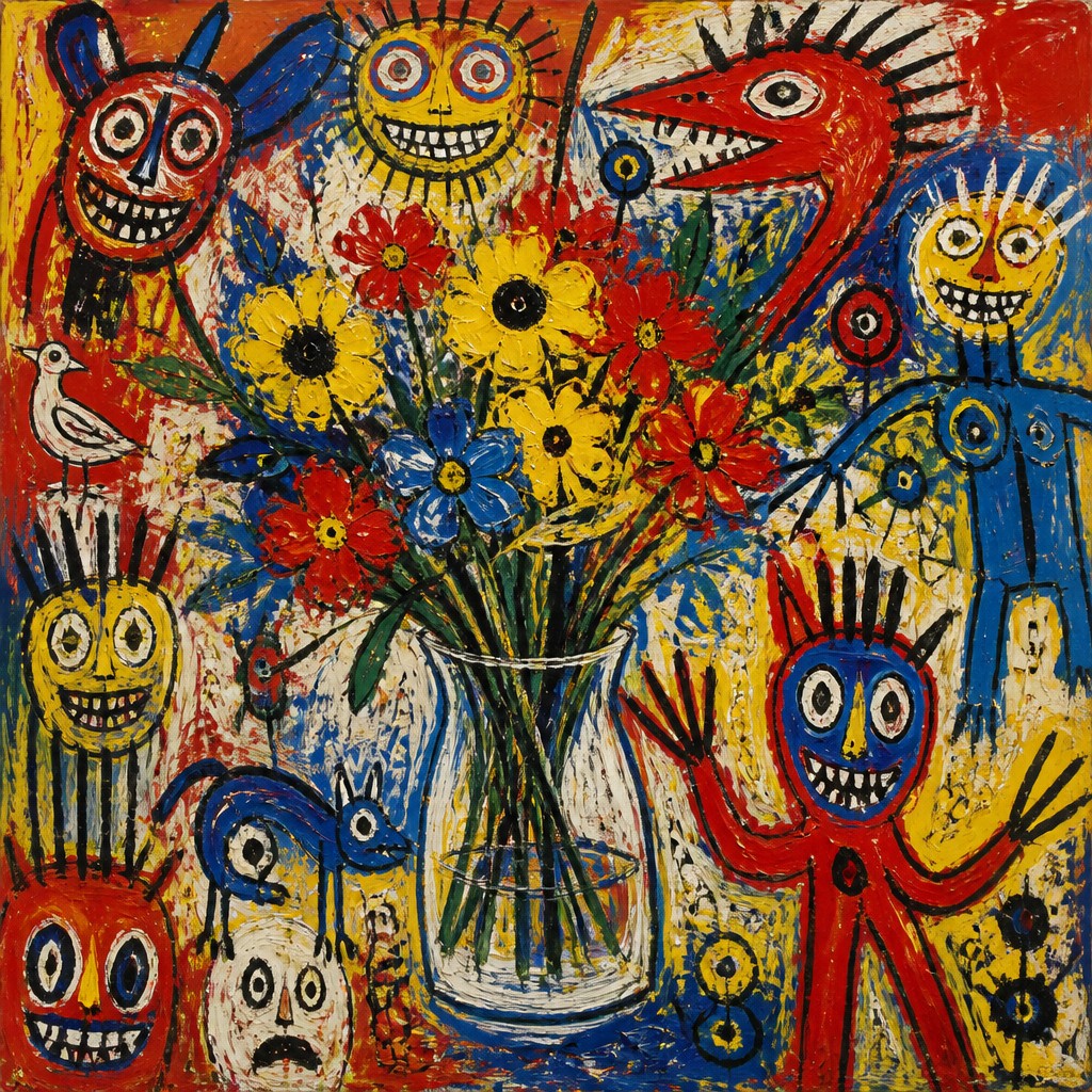bouquet of flowers in a glass vase — CoBrA Art Style