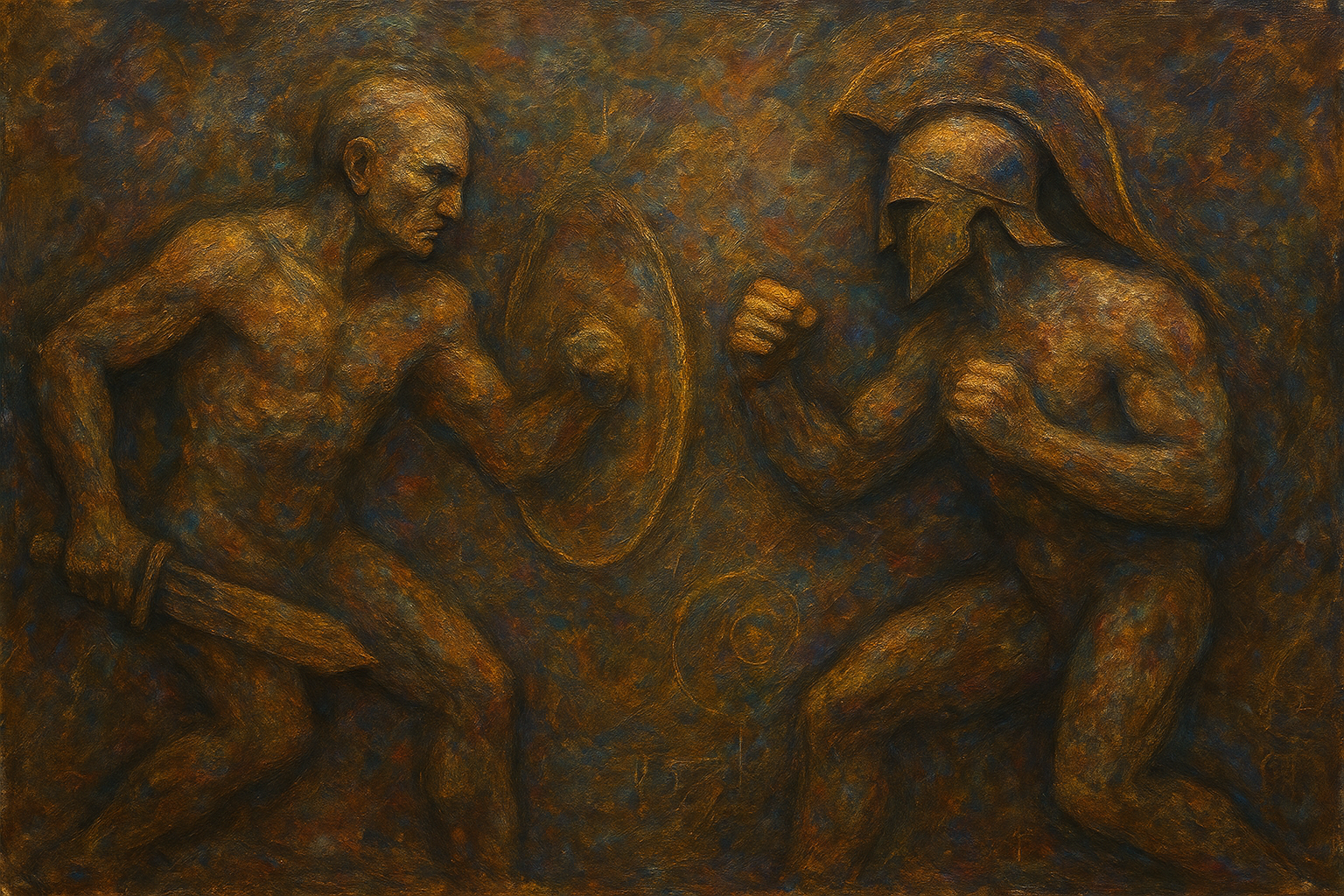 a painting of two men standing next to each other
