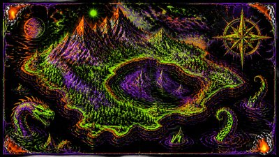 a map of an island realm with mountains, forests, a sheltered bay, sea monsters in the water and a compass rose, no text labels