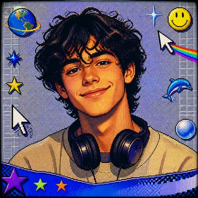 head-and-shoulders portrait of an original character: a young man with curly dark hair and headphones around his neck, plain backdrop, no text