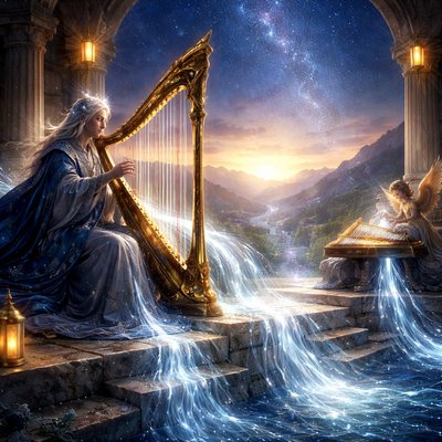 A wide-angle, epic and majestic fantasy-realism style illustration for ArtStyles, based on Psalm 92:3, capturing a grand, celestial-inspired musician at dawn. In a mystical, open-air temple balcony under a starry sky a majestic figure with blue and silver robes is seated. Before the figure are two elaborate instruments.
One is a unique, gilded and carved wooden harp with a distinct triangular frame, which is explicitly and clearly shown with EXACTLY 10 AND ONLY 10 distinct, visible, and countable strings stretched taut. The strings are glistening with cool, deep blue and golden light as the musician plucks them. Nearby, a beautiful, multi-stringed wooden psaltery (a trapezoidal zither-like instrument) sits on a stand being played by an angel.
As the musician plays, glowing streams of illuminated, cascading blue and indigo water, visualized as physical music, emanate directly from the vibrating strings of both the ten-string harp and the psaltery. This water-music does not fall as rain, but flows down and out in majestic, powerful, yet gentle streams, just like an outpour from a vessel. The water-music pools into a crystal-clear basin below the instruments, and then cascades over a series of carved crystal steps, spreading out across the temple floor and into a valley, illustrating the sound going out. The "solemn sound" is visualized through the deep, rich colors of the flowing water and the light within it, and the steady, powerful, and calming nature of the flow. The atmosphere is solemn, peaceful, and epic. No text or labels are on screen. The lighting is early morning gold and blue. Detailed fabric textures and wood grain are visible.