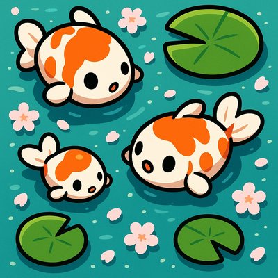 A koi pond seen from above, orange and white koi fish swimming among lily pads, clear water with subtle ripples, fallen cherry blossom petals floating on the surface, dappled sunlight