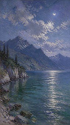 a tranquil mountain lake beneath a starry night sky, no people, no text