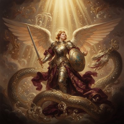 An Angel of God standing with full armor, sword, and shield, with massive wings, in front of a great serpent