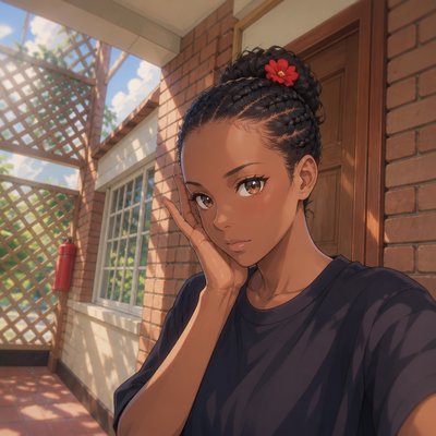 a woman with a red flower in her hair
