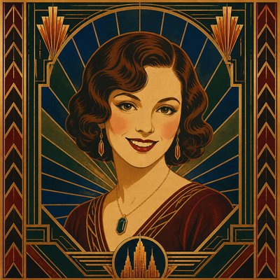 head-and-shoulders portrait of an original character: a young woman with wavy chestnut hair and a warm smile, plain soft backdrop