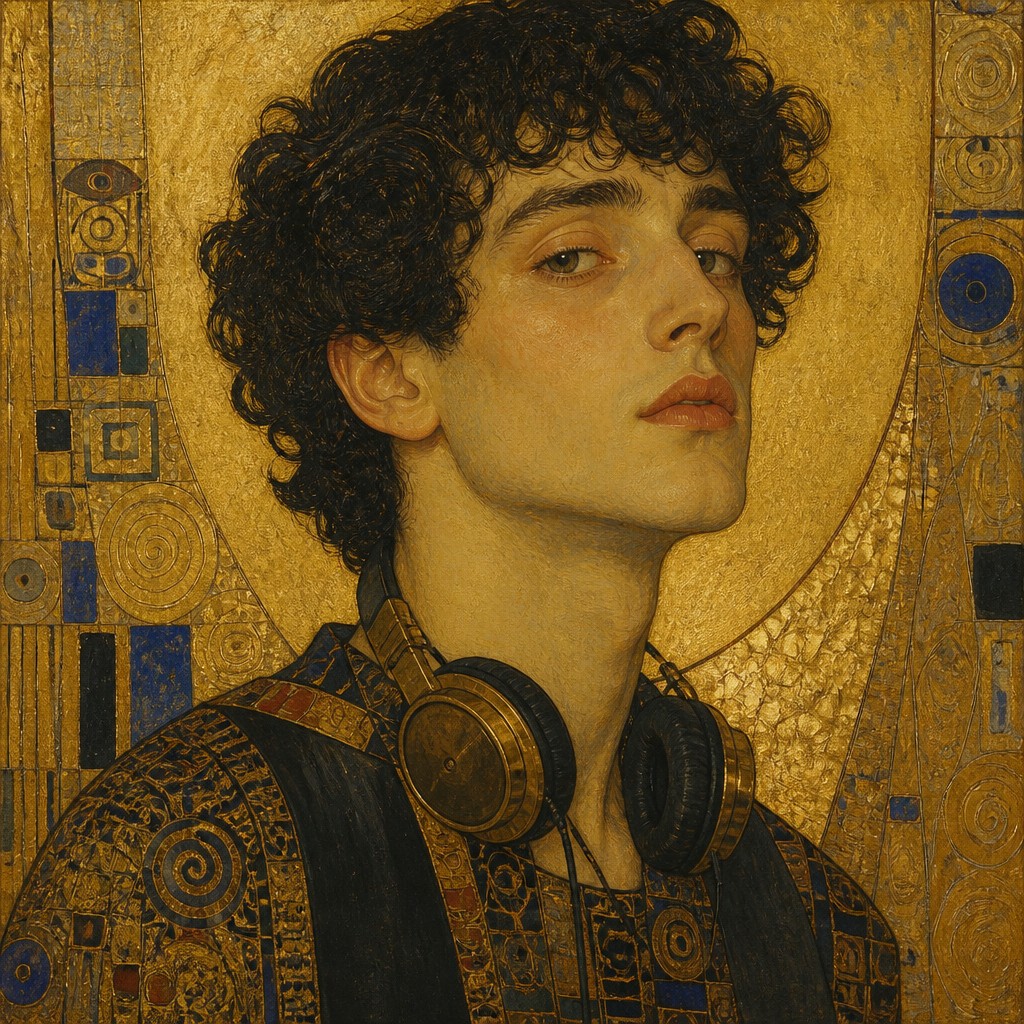 head-and-shoulders portrait of an original character: a young man with curly dark hair and headphones around his neck, plain backdrop, no text