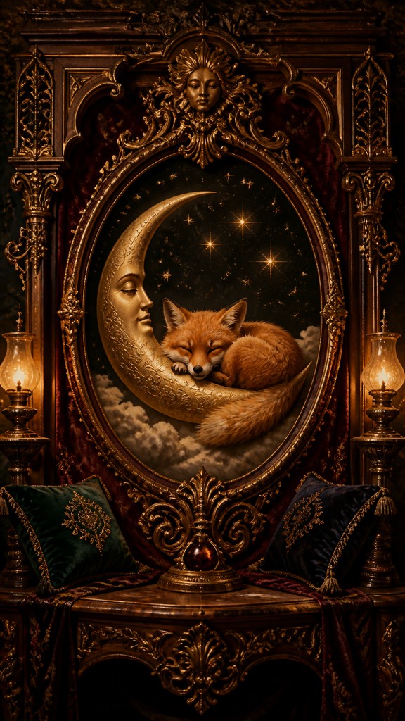 a sleeping baby fox curled on a crescent moon among soft stars, gentle and warm, no text