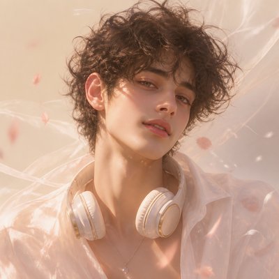 head-and-shoulders portrait of an original character: a young man with curly dark hair and headphones around his neck, plain backdrop, no text
