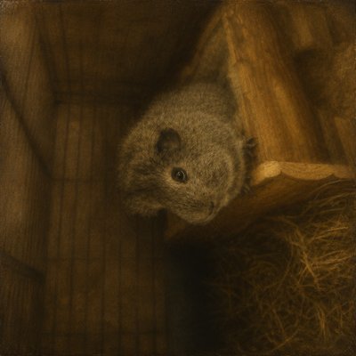 a stuffed animal in a wooden box with hay