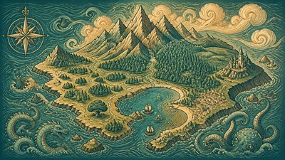a map of an island realm with mountains, forests, a sheltered bay, sea monsters in the water and a compass rose, no text labels