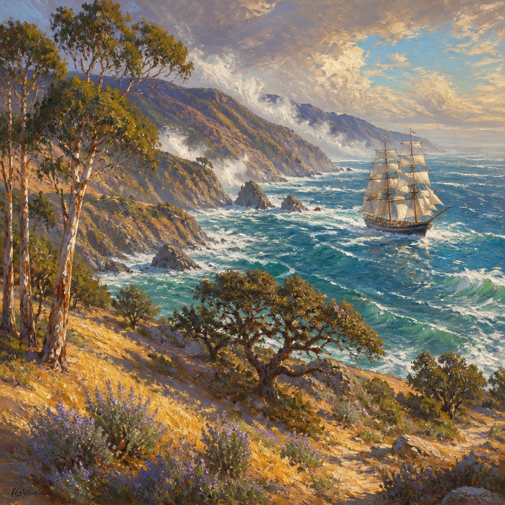 sailing ship on a stormy sea — California Plein Air Art Style