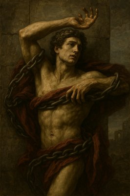 a painting of a man wrapped in chains