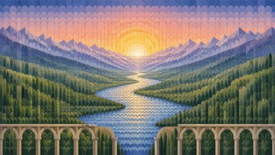 a vast valley with a river winding toward distant mountains at sunrise, no people, no text