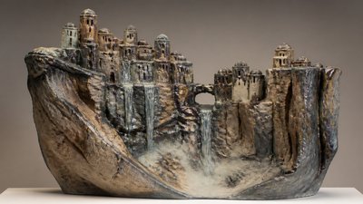 a cliffside city with waterfalls cascading into a misty canyon, wide establishing shot, no people, no text