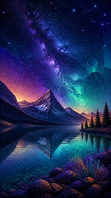 a tranquil mountain lake beneath a starry night sky, no people, no text