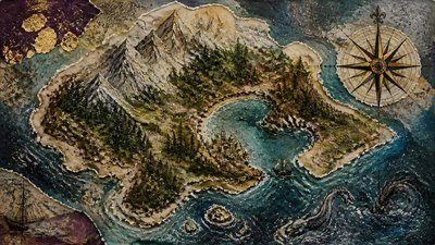 a map of an island realm with mountains, forests, a sheltered bay, sea monsters in the water and a compass rose, no text labels