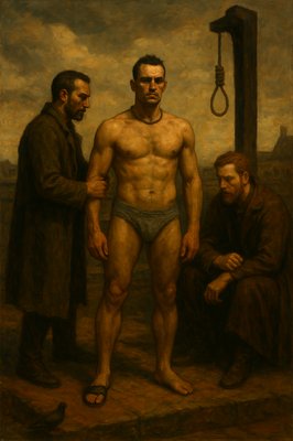 a painting of a man with no shirt standing next to two men