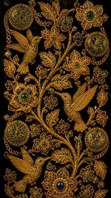 a climbing vine of flowers and hummingbirds on a dark background, tall wrapping composition, no text