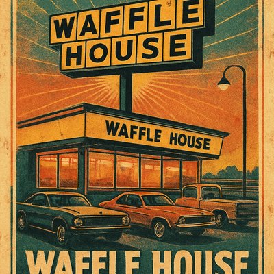 "Create a nostalgic and inviting image of a Waffle House restaurant from the 1960s or early 1970s. The focus should be on its distinct mid-century roadside architecture with a prominent, brightly lit "Waffle House" sign featuring its classic yellow and black logo. Show a few vintage cars from the era (e.g., a Ford Mustang, Chevrolet Chevelle, or a classic pickup truck) parked outside. The scene should be set at either dawn or dusk, with warm, inviting light spilling from the restaurant's windows, suggesting a cozy haven for weary travelers. Include subtle details like a classic street lamp or a glimpse of a highway in the background to emphasize its roadside location. The overall aesthetic should evoke a sense of Americana, comfort, and the timeless appeal of a familiar stop on a long journey."