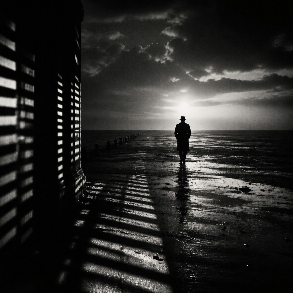 a solitary figure walking toward a glowing horizon across an empty plain, moody atmosphere, no text or lettering