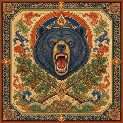 a roaring bear head above crossed pine branches, bold graphic composition on a plain background, no text