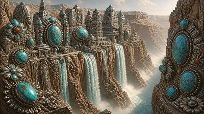 a cliffside city with waterfalls cascading into a misty canyon, wide establishing shot, no people, no text