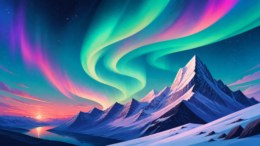 a flowing aurora over snowy peaks, wide sweeping composition, no people, no text