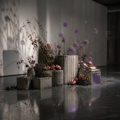 still life arrangement of fruits and flowers