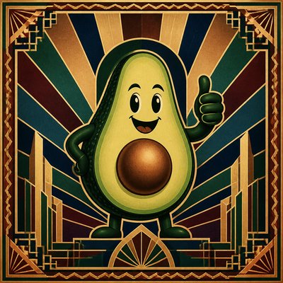 a happy avocado character giving a thumbs up, bold readable design on a plain background, no text