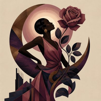 a rose entwined with a crescent moon, clean balanced composition on a plain background, no text