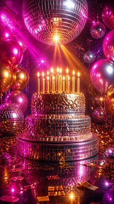 a birthday cake with lit candles surrounded by balloons and confetti, festive vertical composition, no text