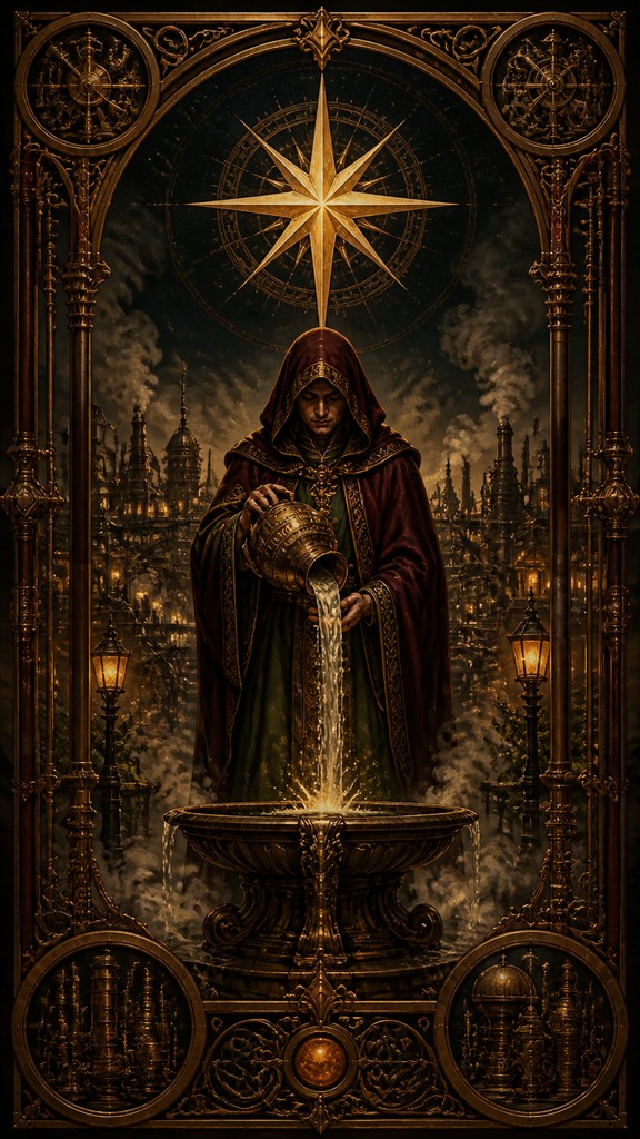 a robed figure pouring water beneath a large eight-pointed star in a night sky, symmetrical composition with an ornate decorative border, no text