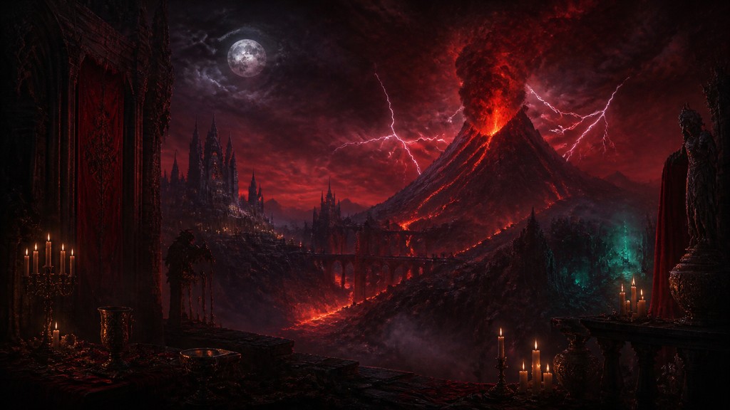 an erupting volcano with lightning strikes, dramatic wide composition, no text