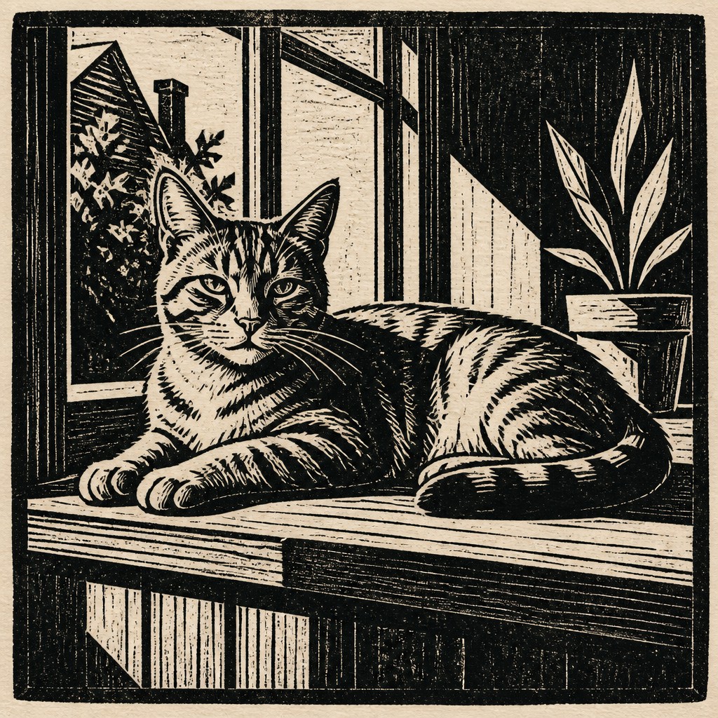 a cat lounging in a sunlit window — Woodcut Print Style
