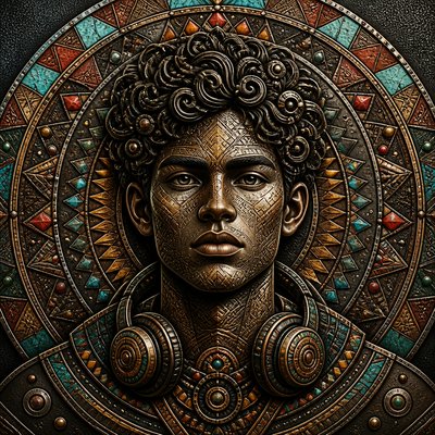 head-and-shoulders portrait of an original character: a young man with curly dark hair and headphones around his neck, plain backdrop, no text