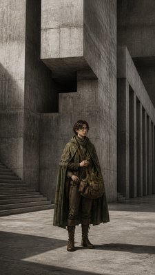 full-body original character: a wandering botanist with a satchel of plants, a patched green cloak, tall boots and round glasses, neutral background