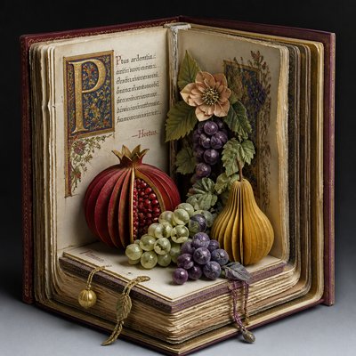 still life arrangement of fruits and flowers