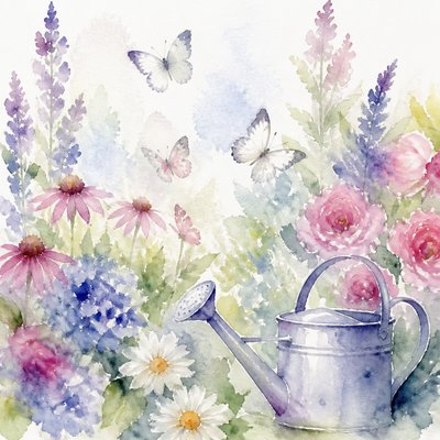 a garden scene with butterflies, flowers and a watering can, clean uncolored line art, no text
